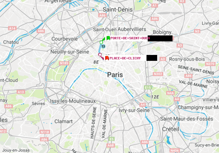 plan itinéraire ratp de Porte de Saint-Ouen à Place de Clichy