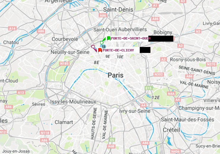 plan itinéraire ratp de Porte de Saint-Ouen à Porte de Clichy