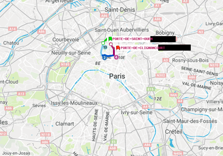 plan itinéraire ratp de Porte de Saint-Ouen à Porte de Clignancourt