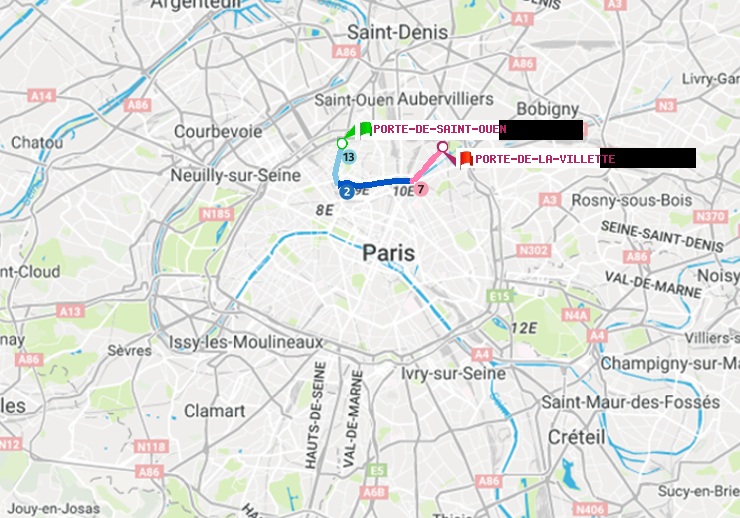 plan itinéraire ratp de Porte de Saint-Ouen à Porte de la Villette
