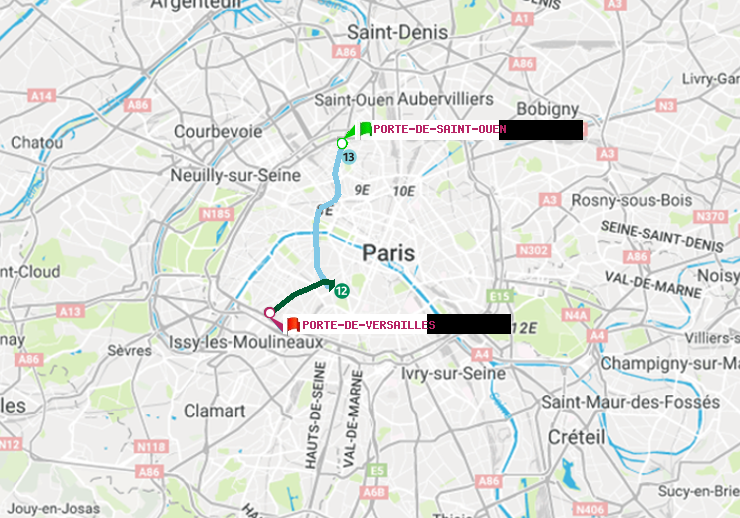 plan itinéraire ratp de Porte de Saint-Ouen à Porte de Versailles