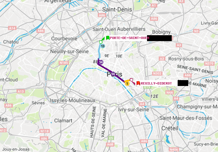 plan itinéraire ratp de Porte de Saint-Ouen à Reuilly-Diderot
