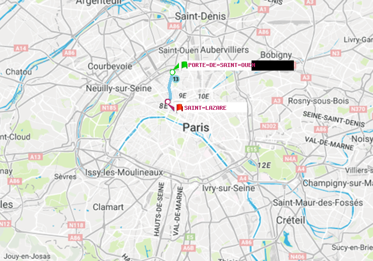 plan itinéraire ratp de Porte de Saint-Ouen à Saint-Lazare