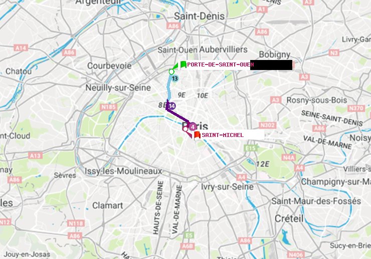 plan itinéraire ratp de Porte de Saint-Ouen à Saint-Michel