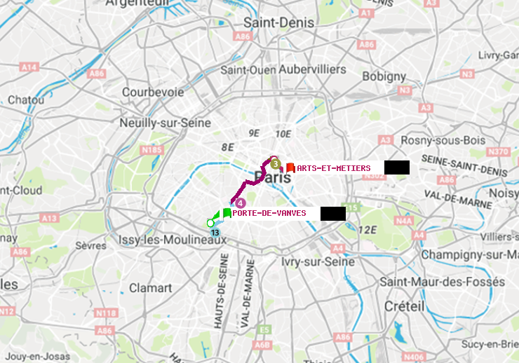 plan itinéraire ratp de Porte de Vanves à Arts-et-Métiers