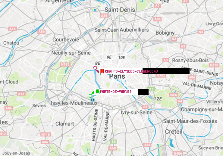 plan itinéraire ratp de Porte de Vanves à Champs-Elysées-Clémenceau