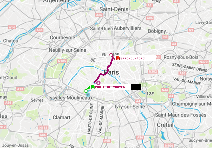 plan itinéraire ratp de Porte de Vanves à Gare du Nord