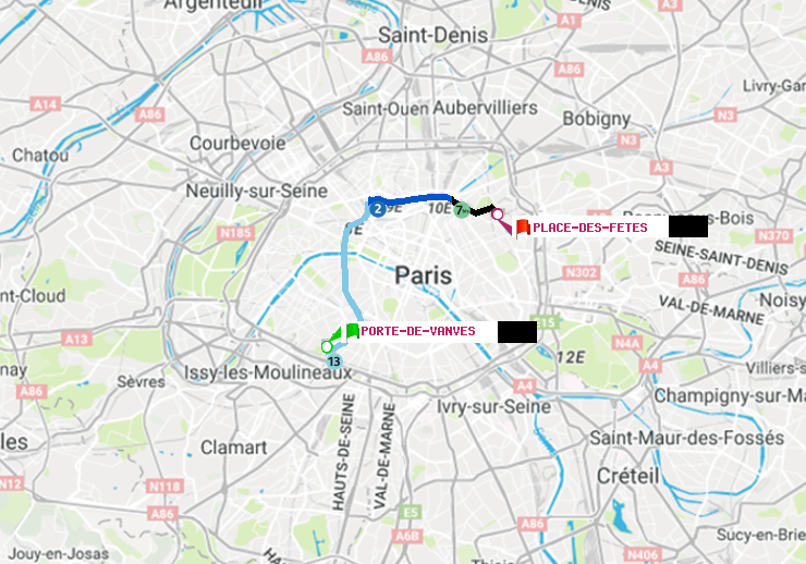 plan itinéraire ratp de Porte de Vanves à Place des Fêtes