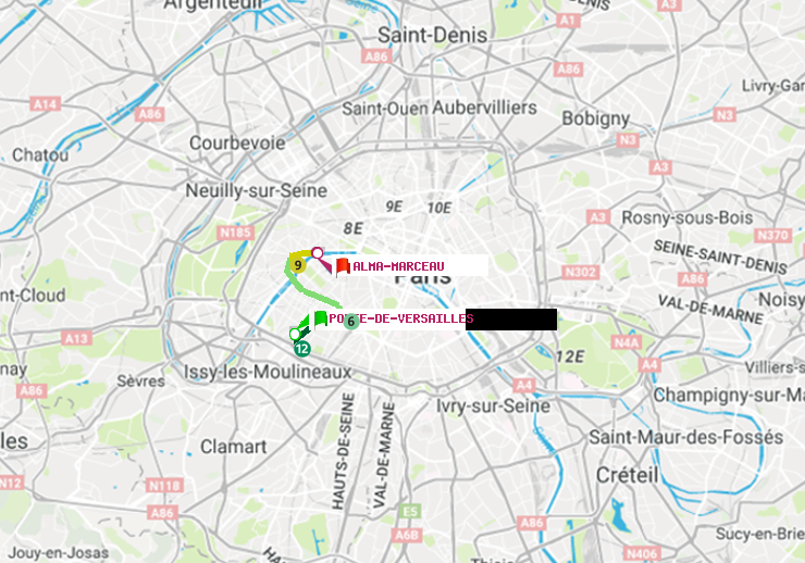 plan itinéraire ratp de Porte de Versailles à Alma-Marceau