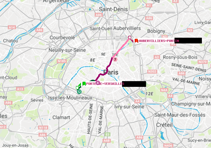 plan itinéraire ratp de Porte de Versailles à Aubervilliers Pantin (4 Chemins)