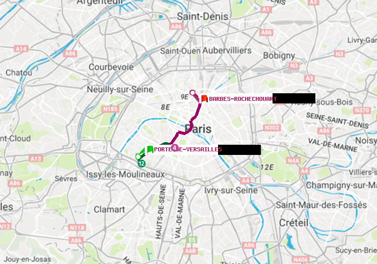 plan itinéraire ratp de Porte de Versailles à Barbès-Rochechouart