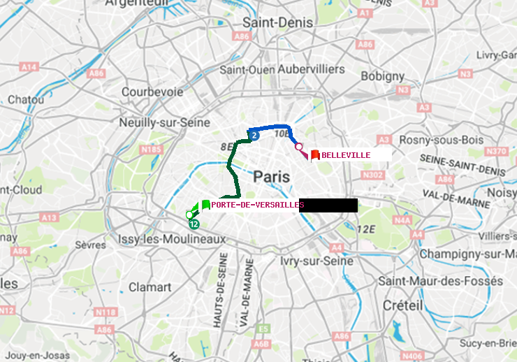 plan itinéraire ratp de Porte de Versailles à Belleville