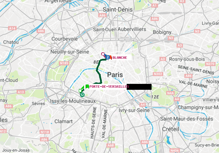 plan itinéraire ratp de Porte de Versailles à Blanche