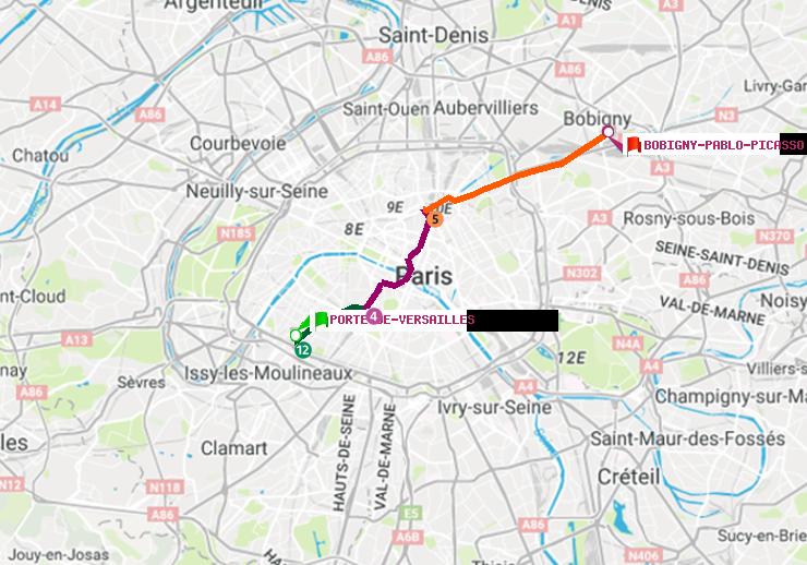 plan itinéraire ratp de Porte de Versailles à Bobigny-Pablo-Picasso