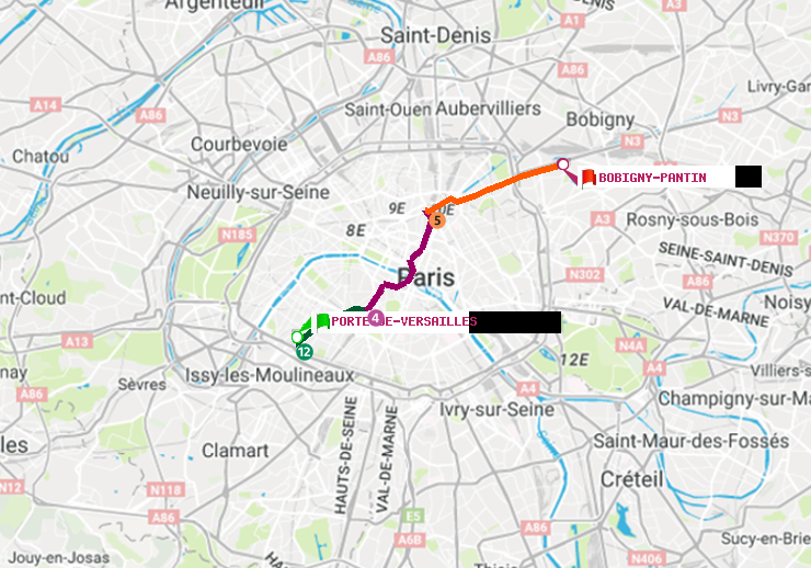 plan itinéraire ratp de Porte de Versailles à Bobigny-Pantin (Raymond Queneau)