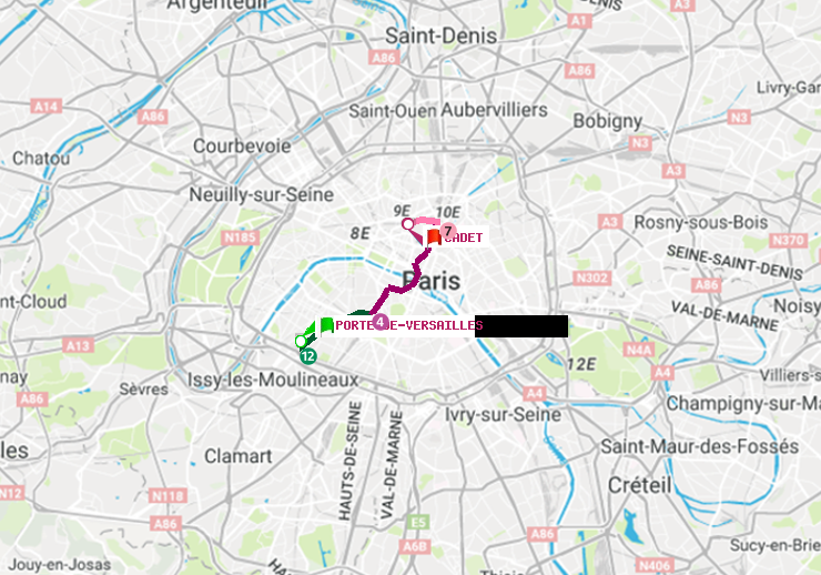 plan itinéraire ratp de Porte de Versailles à Cadet