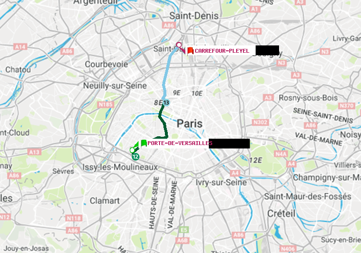 plan itinéraire ratp de Porte de Versailles à Carrefour-Pleyel