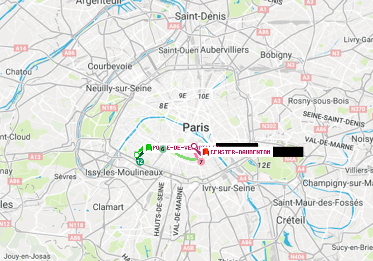plan itinéraire ratp de Porte de Versailles à Censier-Daubenton