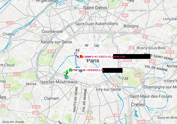 plan itinéraire ratp de Porte de Versailles à Champs-Elysées-Clémenceau