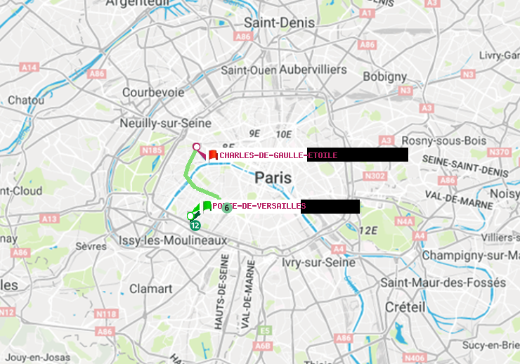 plan itinéraire ratp de Porte de Versailles à Charles de Gaulle-Etoile