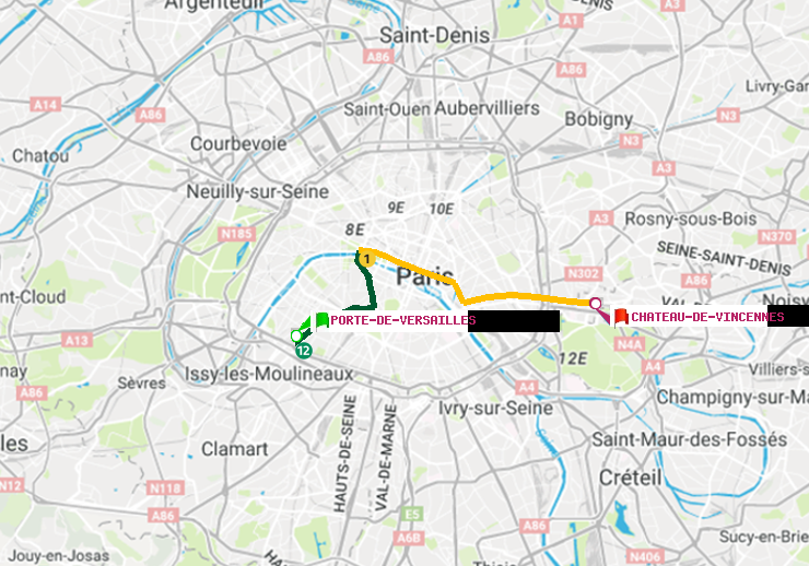 plan itinéraire ratp de Porte de Versailles à Château de Vincennes