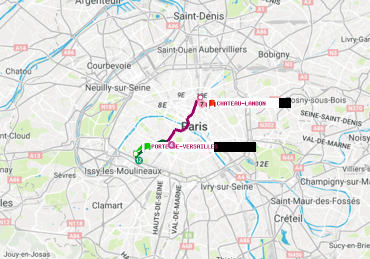 plan itinéraire ratp de Porte de Versailles à Château Landon