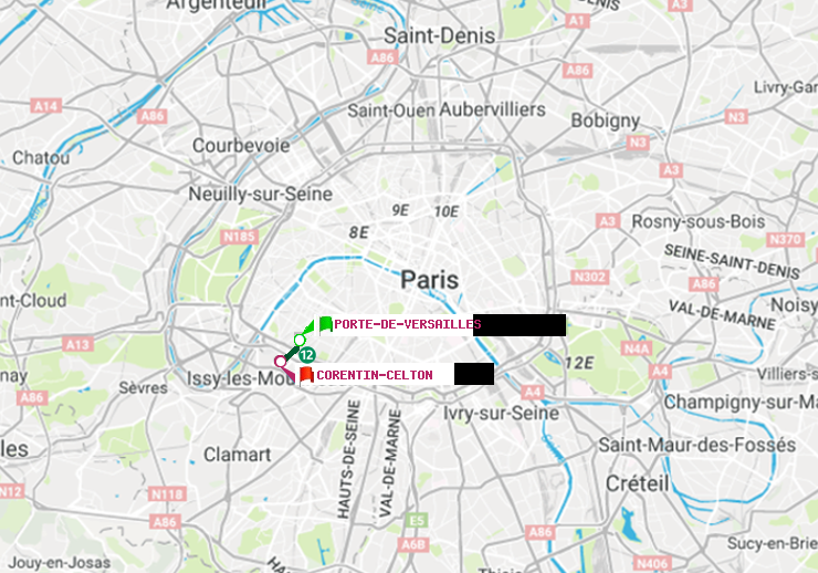 plan itinéraire ratp de Porte de Versailles à Corentin-Celton