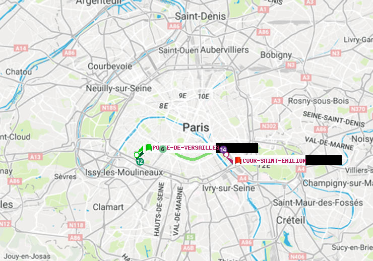 plan itinéraire ratp de Porte de Versailles à Cour Saint-Emilion