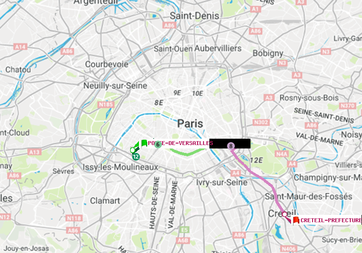 plan itinéraire ratp de Porte de Versailles à Créteil-Préfecture (Hôtel de Ville)