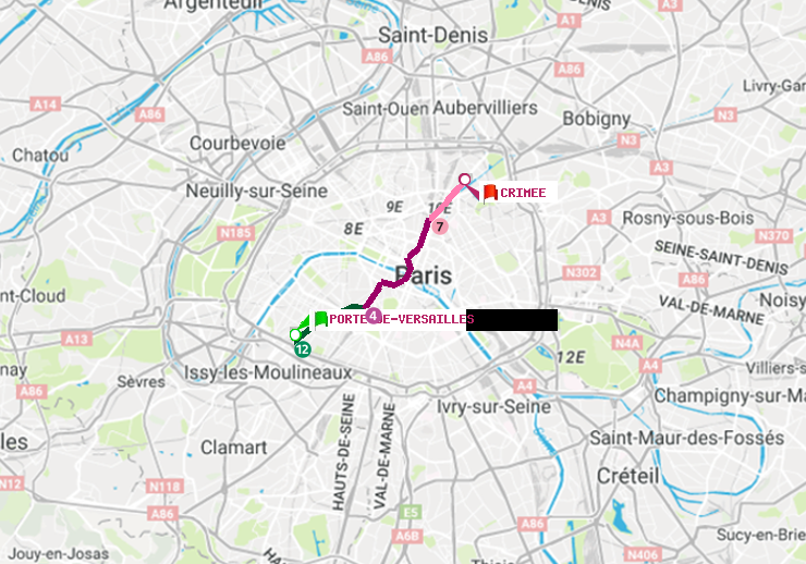 plan itinéraire ratp de Porte de Versailles à Crimée