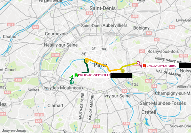 plan itinéraire ratp de Porte de Versailles à Croix-de-Chavaux (Jacques Duclos)