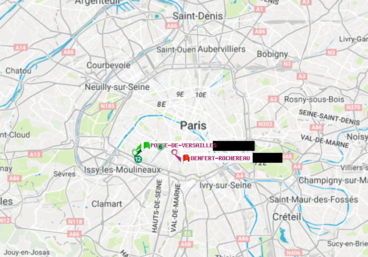 plan itinéraire ratp de Porte de Versailles à Denfert-Rochereau