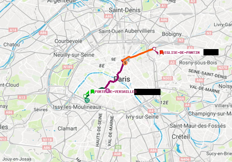 plan itinéraire ratp de Porte de Versailles à Eglise de Pantin