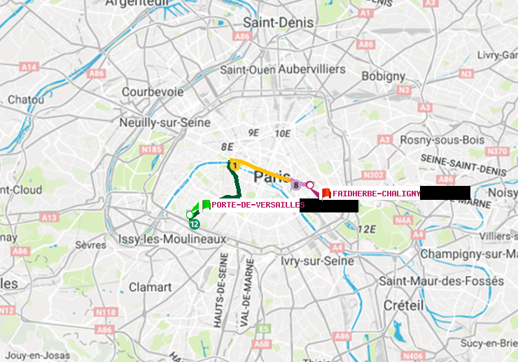 plan itinéraire ratp de Porte de Versailles à Faidherbe-Chaligny