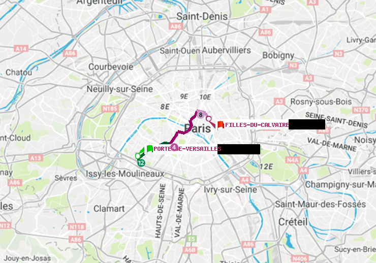 plan itinéraire ratp de Porte de Versailles à Filles du Calvaire