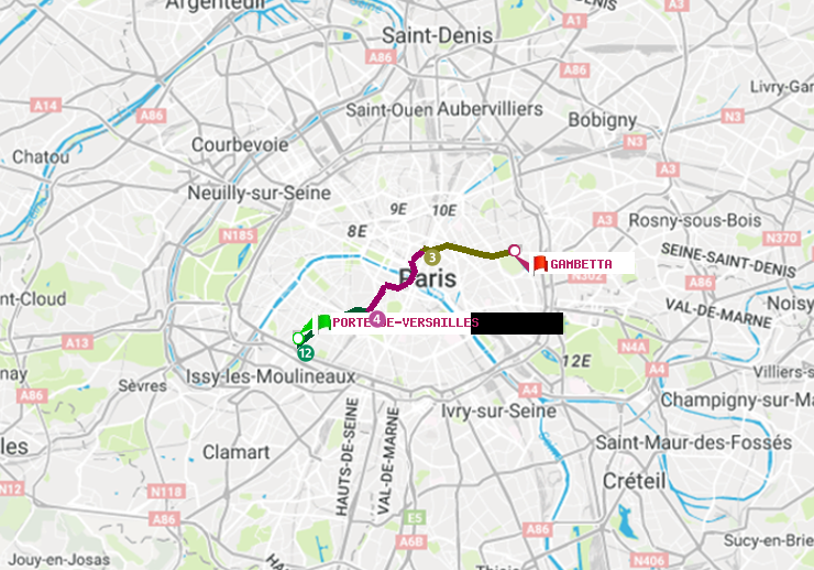 plan itinéraire ratp de Porte de Versailles à Gambetta
