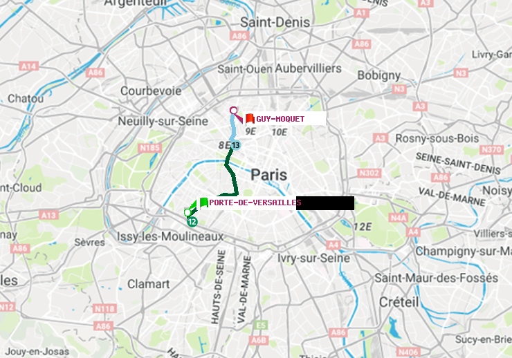 plan itinéraire ratp de Porte de Versailles à Guy-Môquet