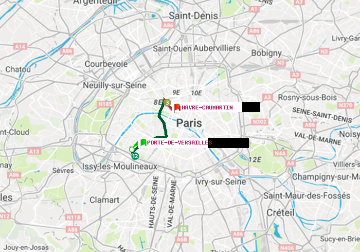 plan itinéraire ratp de Porte de Versailles à Havre-Caumartin