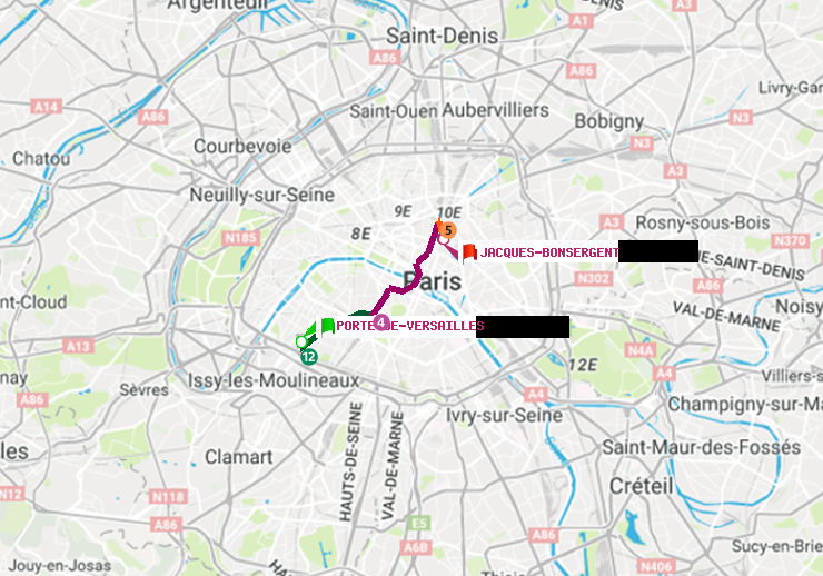 plan itinéraire ratp de Porte de Versailles à Jacques-Bonsergent
