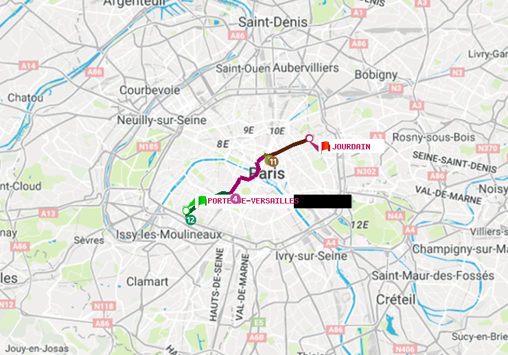 plan itinéraire ratp de Porte de Versailles à Jourdain