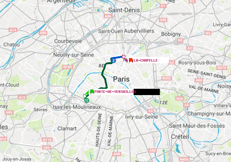 plan itinéraire ratp de Porte de Versailles à La Chapelle