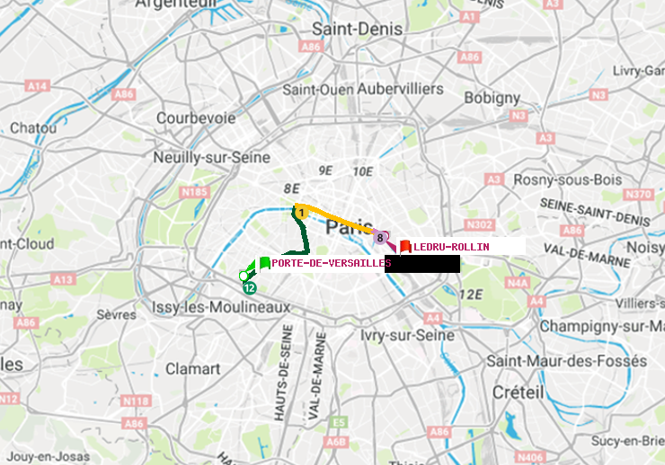 plan itinéraire ratp de Porte de Versailles à Ledru-Rollin