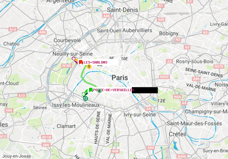 plan itinéraire ratp de Porte de Versailles à Les Sablons (Jardin d