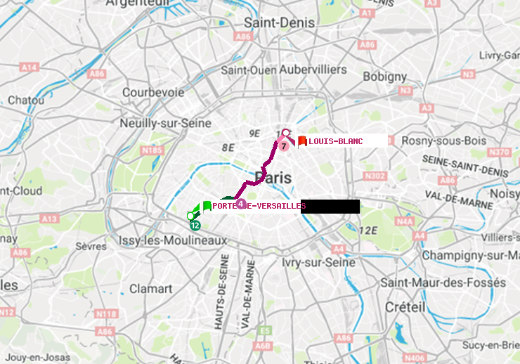 plan itinéraire ratp de Porte de Versailles à Louis Blanc