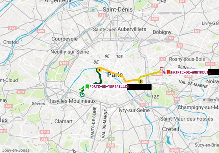 plan itinéraire ratp de Porte de Versailles à Mairie de Montreuil
