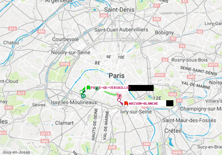plan itinéraire ratp de Porte de Versailles à Maison Blanche