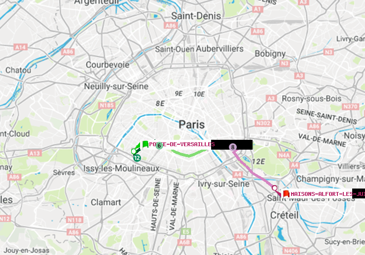 plan itinéraire ratp de Porte de Versailles à Maisons-Alfort-Les Juilliottes