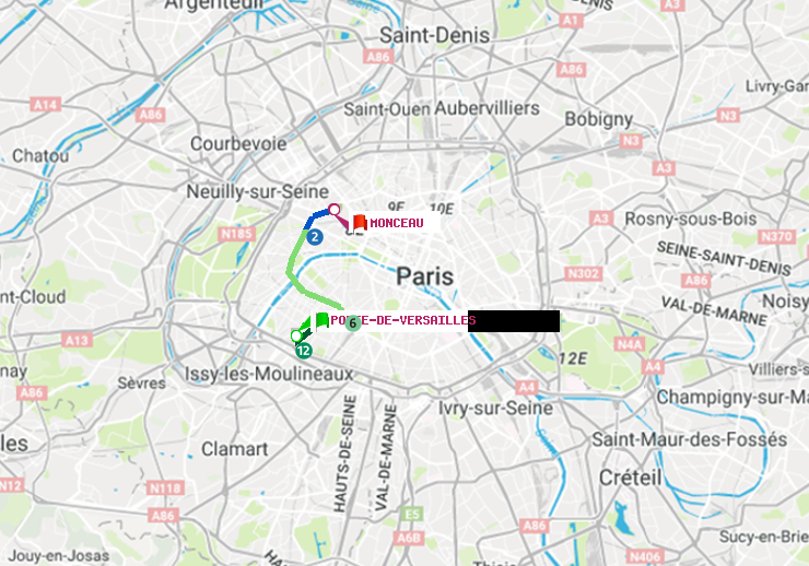 plan itinéraire ratp de Porte de Versailles à Monceau