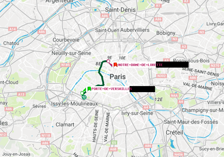 plan itinéraire ratp de Porte de Versailles à Notre-Dame de Lorette