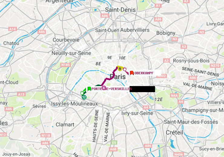 plan itinéraire ratp de Porte de Versailles à Oberkampf